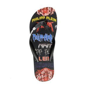 Philipp Plein Black/Multi Rubber Logo Print Flip Flops Shoes